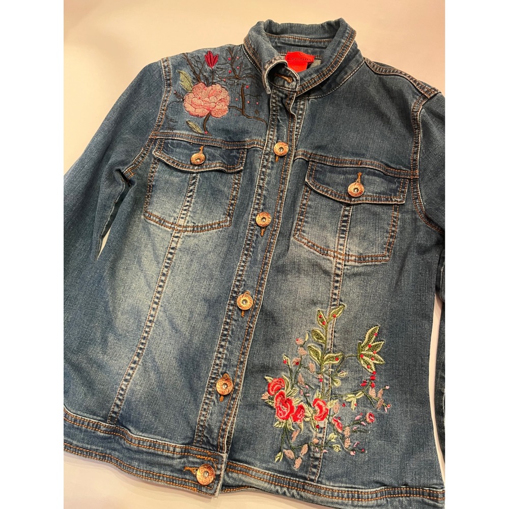 V Cristina Women Floral Embroidered Denim Jacket Medium Wash Blue Boho Stretch M
